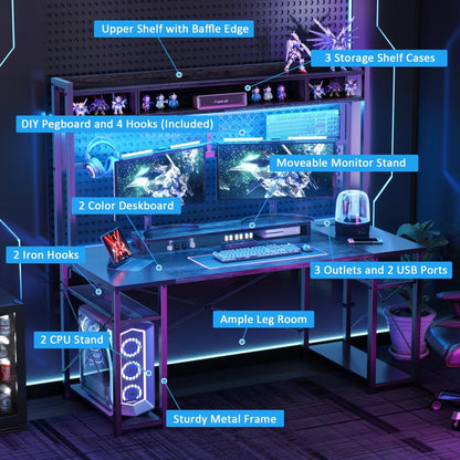 55.2'' Upgrade Gaming Desk with Hutch, LED Lights and Outlets, Reversible