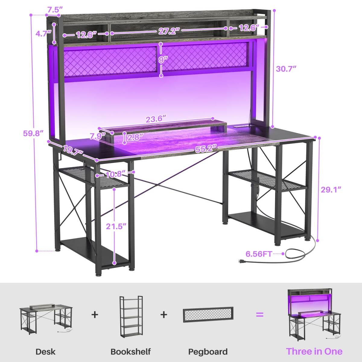 55.2'' Upgrade Gaming Desk with Hutch, LED Lights and Outlets, Reversible
