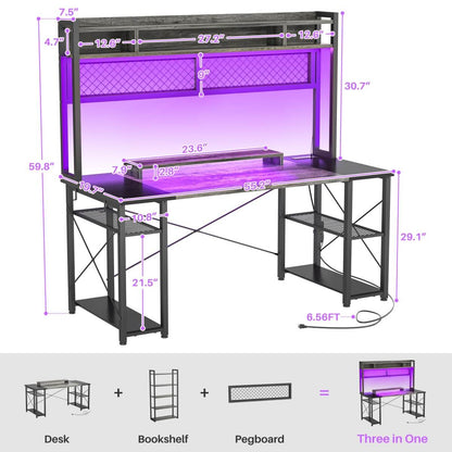 55.2'' Upgrade Gaming Desk with Hutch, LED Lights and Outlets, Reversible