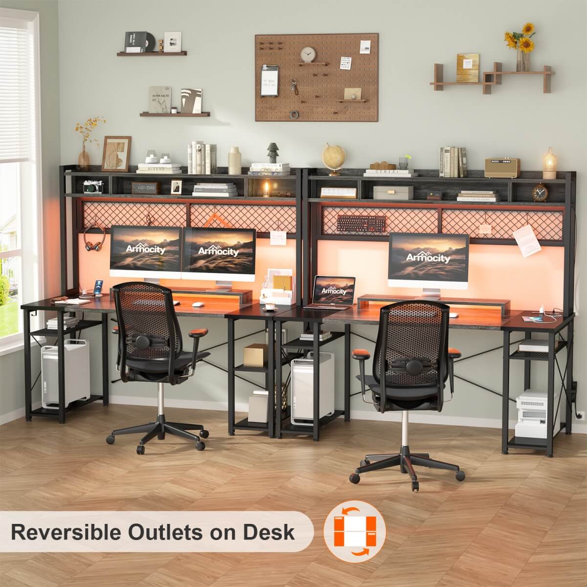 55.2'' Upgrade Gaming Desk with Hutch, LED Lights and Outlets, Reversible