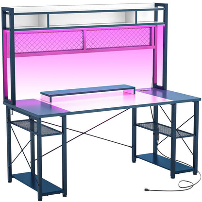 55.2'' Upgrade Gaming Desk with Hutch, LED Lights and Outlets, Reversible