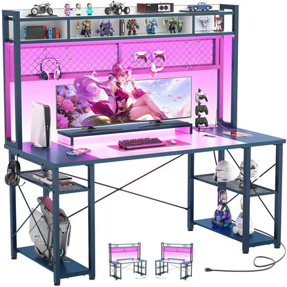 55.2'' Upgrade Gaming Desk with Hutch, LED Lights and Outlets, Reversible