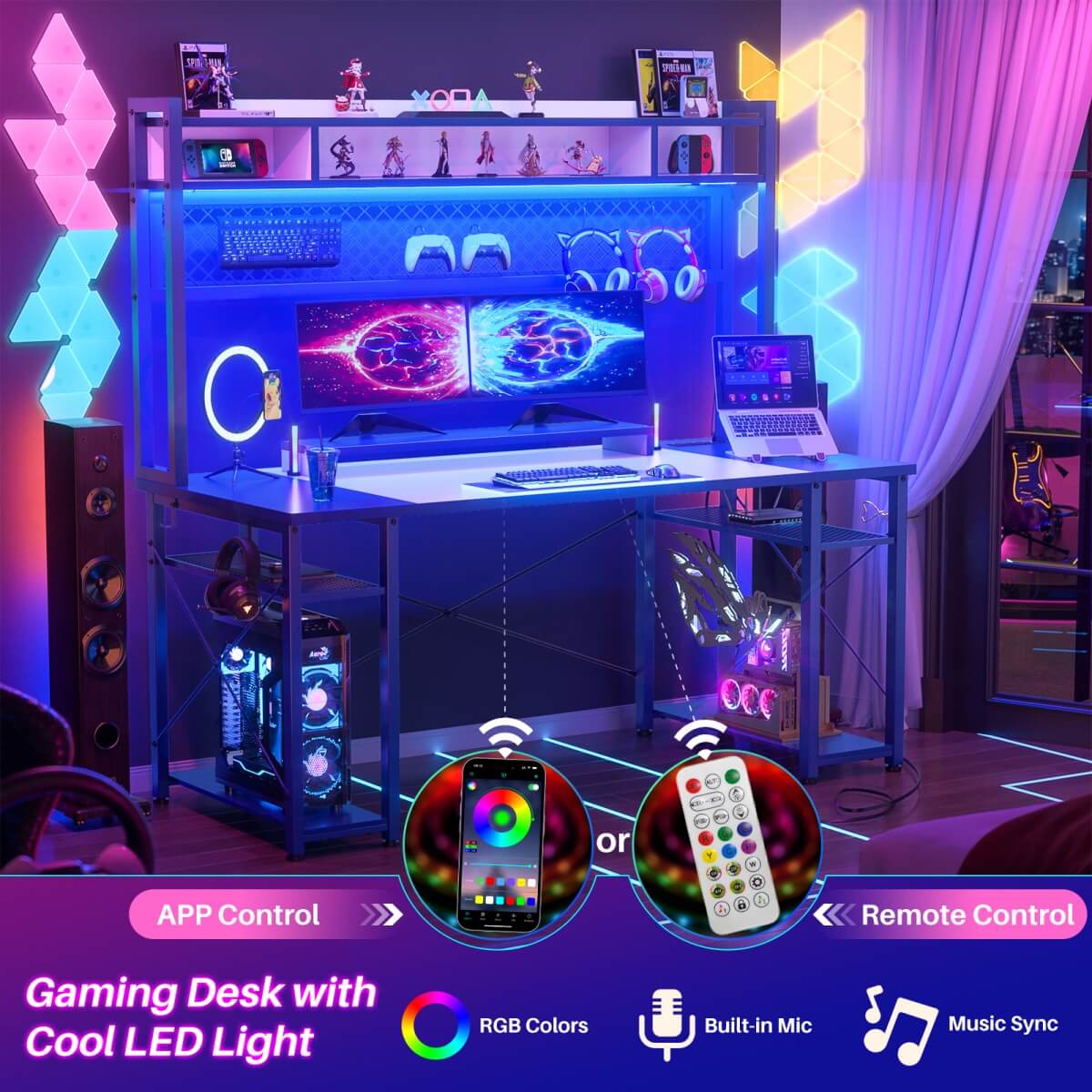 55.2'' Upgrade Gaming Desk with Hutch, LED Lights and Outlets, Reversible