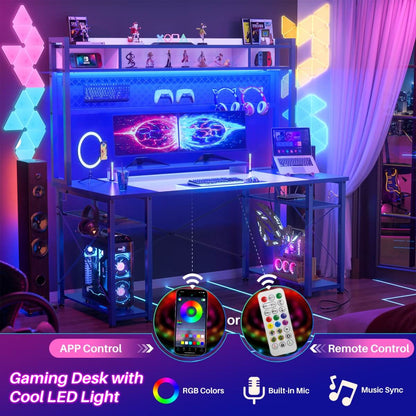 55.2'' Upgrade Gaming Desk with Hutch, LED Lights and Outlets, Reversible