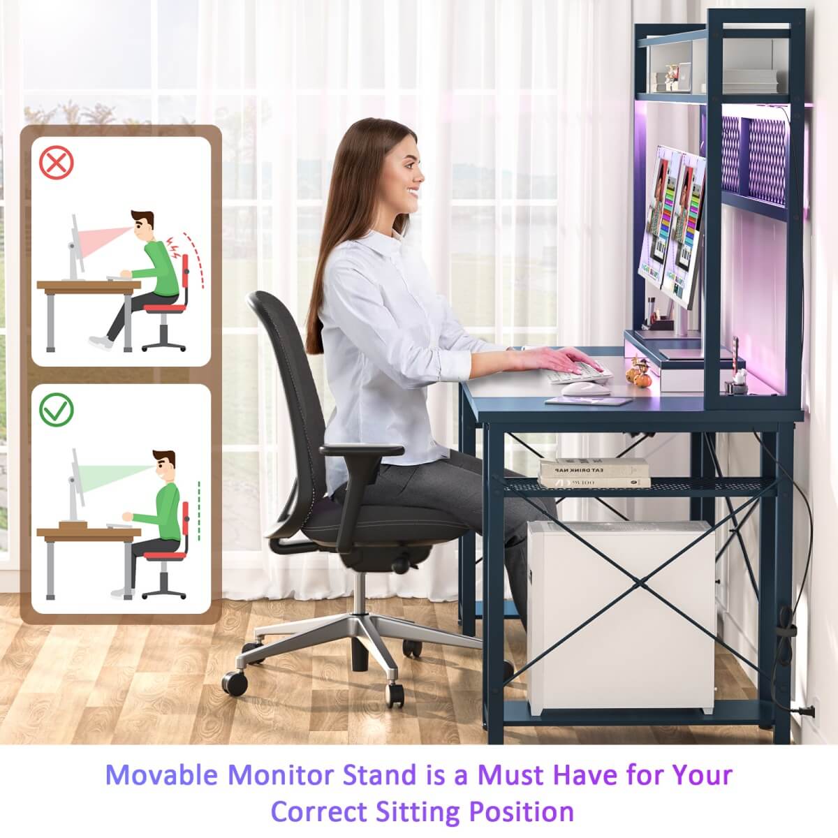 55.2'' Upgrade Gaming Desk with Hutch, LED Lights and Outlets, Reversible