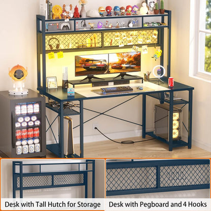 55.2'' Upgrade Gaming Desk with Hutch, LED Lights and Outlets, Reversible