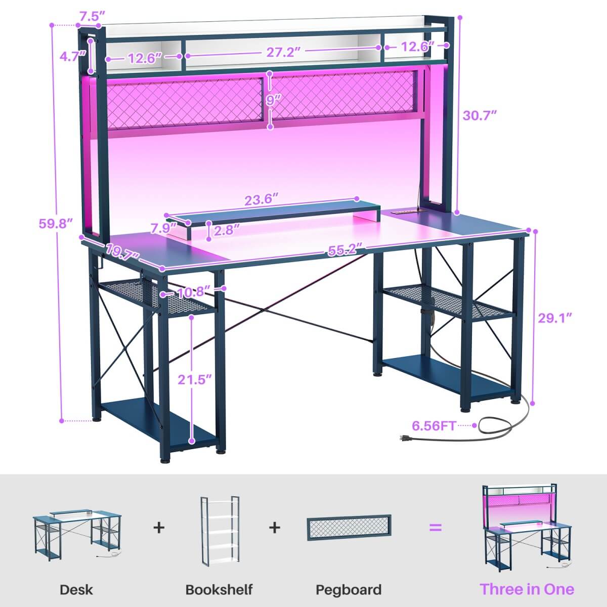 55.2'' Upgrade Gaming Desk with Hutch, LED Lights and Outlets, Reversible