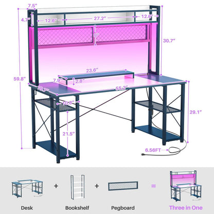 55.2'' Upgrade Gaming Desk with Hutch, LED Lights and Outlets, Reversible