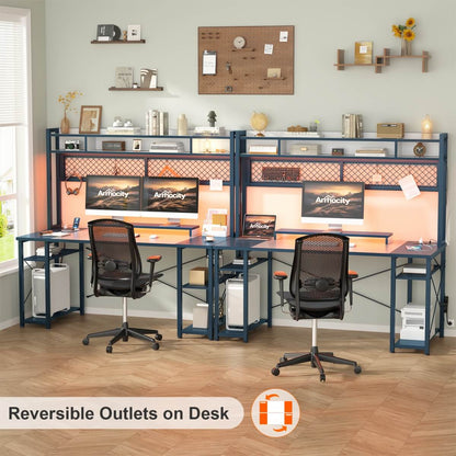 55.2'' Upgrade Gaming Desk with Hutch, LED Lights and Outlets, Reversible