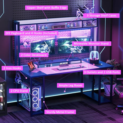 55.2'' Upgrade Gaming Desk with Hutch, LED Lights and Outlets, Reversible