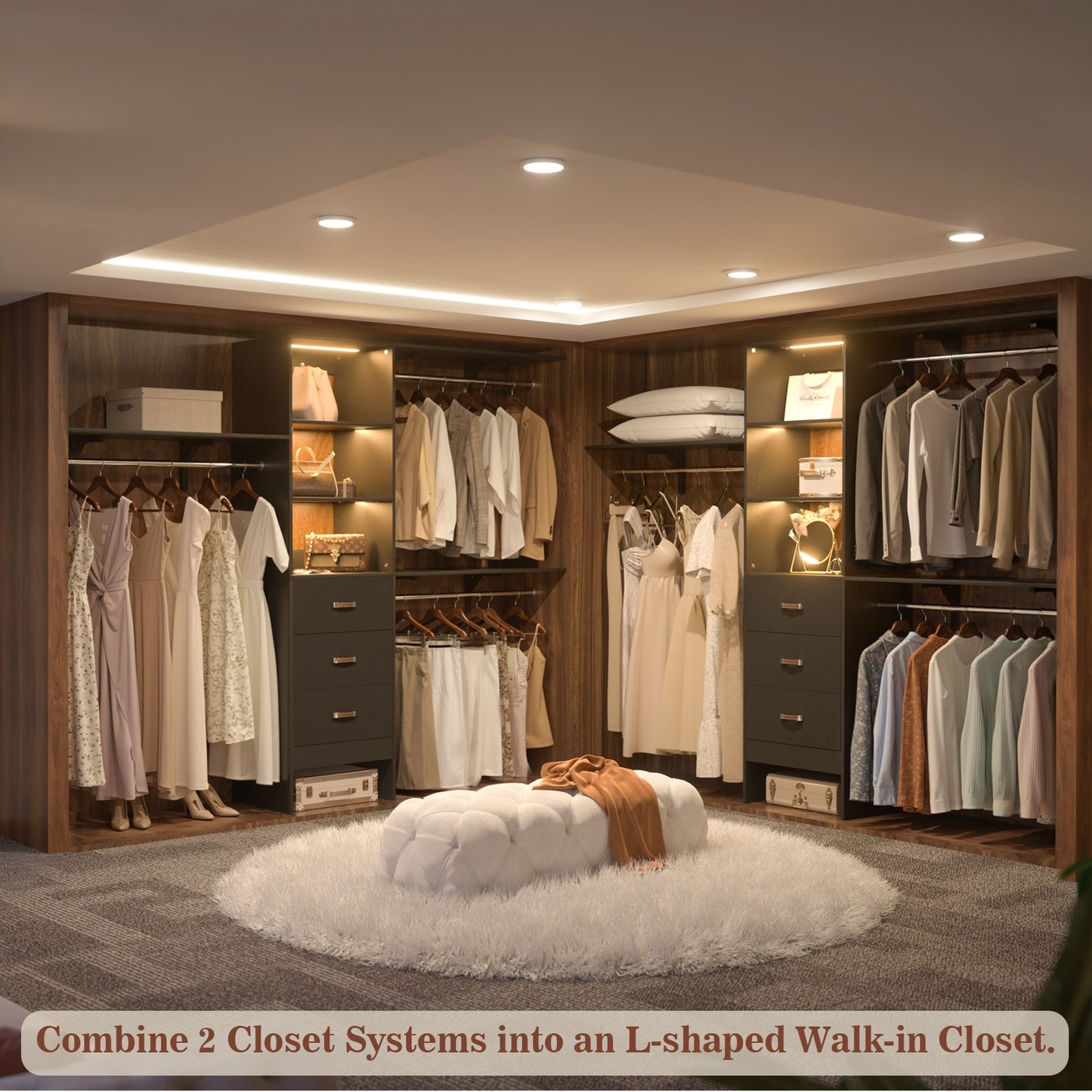 96" Walk-in Closet System with LED Light & 3 Drawers, Wall Mounted 4–8FT Closet Organizer System
