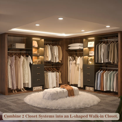 96" Walk-in Closet System with LED Light & 3 Drawers, Wall Mounted 4–8FT Closet Organizer System