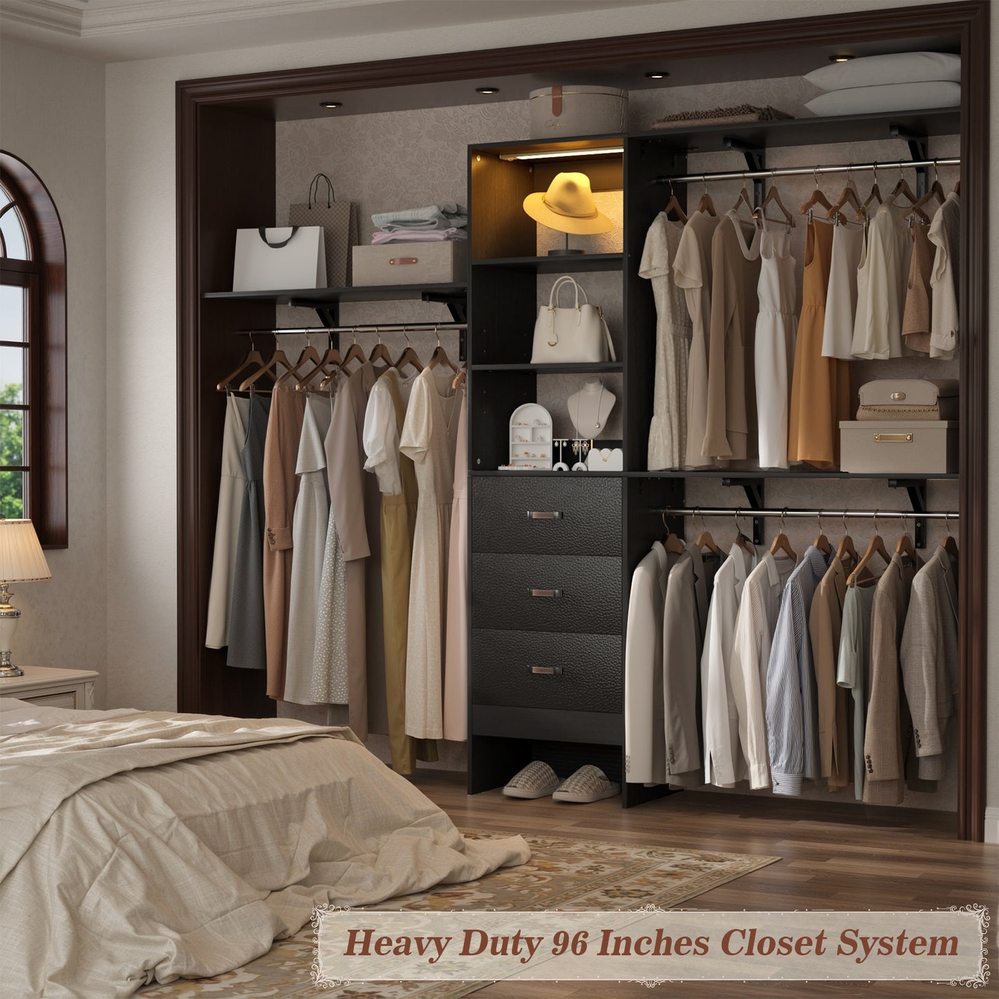 96" Walk-in Closet System with LED Light & 3 Drawers, Wall Mounted 4–8FT Closet Organizer System