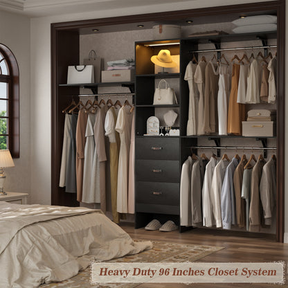 96" Walk-in Closet System with LED Light & 3 Drawers, Wall Mounted 4–8FT Closet Organizer System
