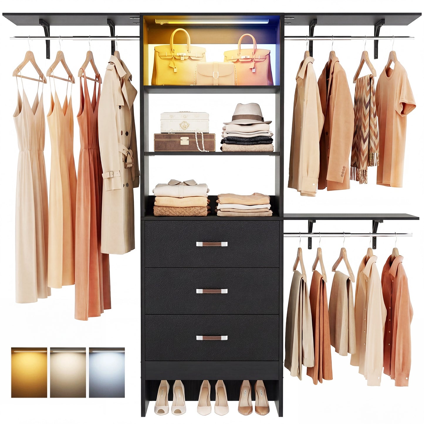 96" Walk-in Closet System with LED Light & 3 Drawers, Wall Mounted 4–8FT Closet Organizer System