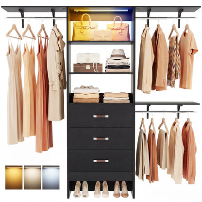 96" Walk-in Closet System with LED Light & 3 Drawers, Wall Mounted 4–8FT Closet Organizer System