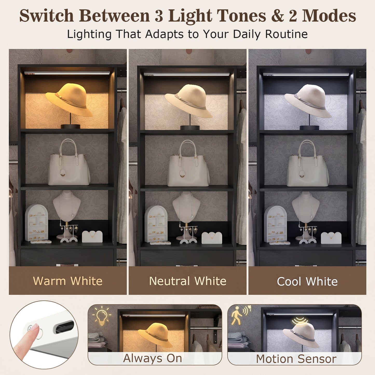 96" Walk-in Closet System with LED Light & 3 Drawers, Wall Mounted 4–8FT Closet Organizer System