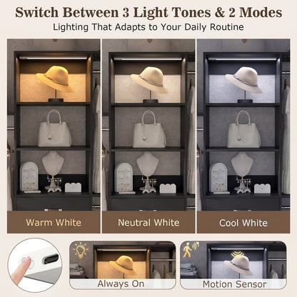 96" Walk-in Closet System with LED Light & 3 Drawers, Wall Mounted 4–8FT Closet Organizer System
