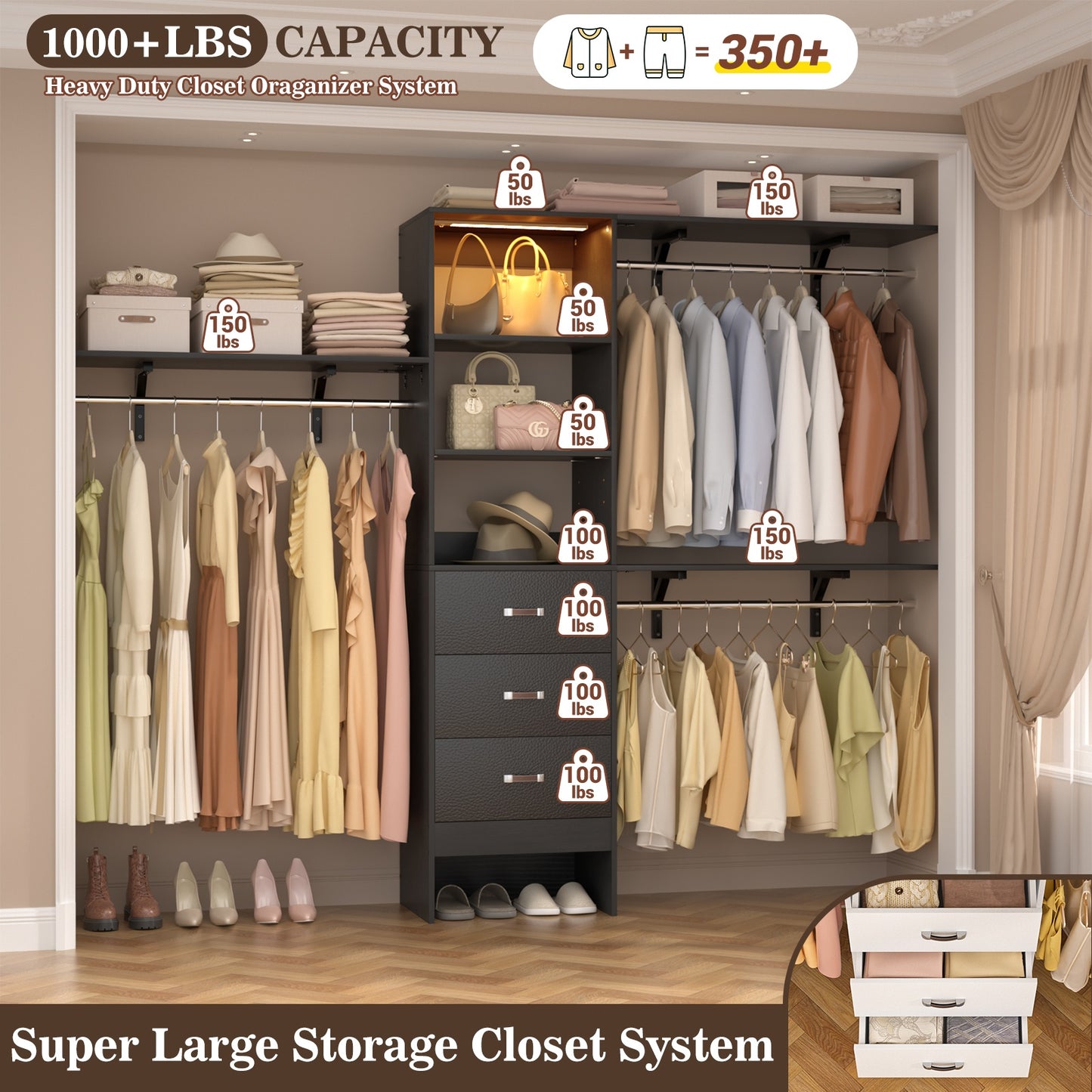 96" Walk-in Closet System with LED Light & 3 Drawers, Wall Mounted 4–8FT Closet Organizer System