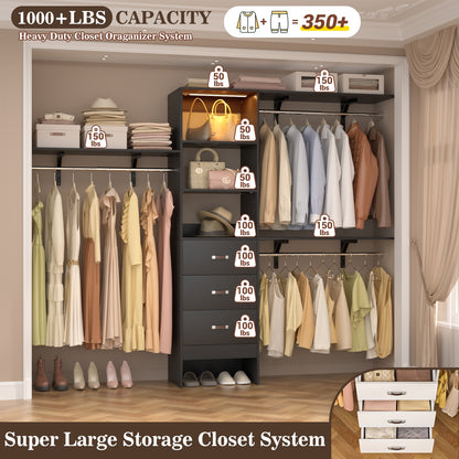 96" Walk-in Closet System with LED Light & 3 Drawers, Wall Mounted 4–8FT Closet Organizer System