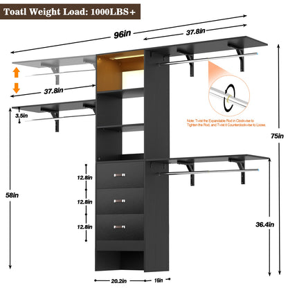 96" Walk-in Closet System with LED Light & 3 Drawers, Wall Mounted 4–8FT Closet Organizer System