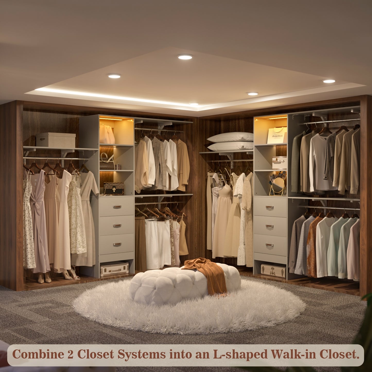 96" Walk-in Closet System with LED Light & 3 Drawers, Wall Mounted 4–8FT Closet Organizer System