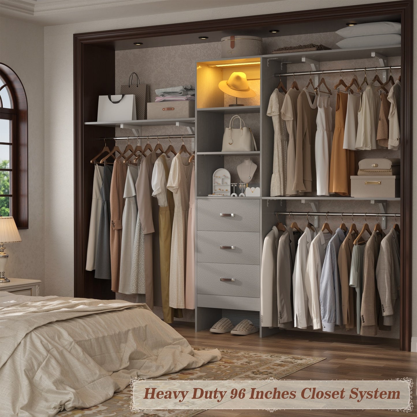 96" Walk-in Closet System with LED Light & 3 Drawers, Wall Mounted 4–8FT Closet Organizer System