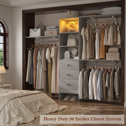96" Walk-in Closet System with LED Light & 3 Drawers, Wall Mounted 4–8FT Closet Organizer System