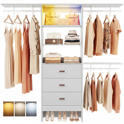 96" Walk-in Closet System with LED Light & 3 Drawers, Wall Mounted 4–8FT Closet Organizer System