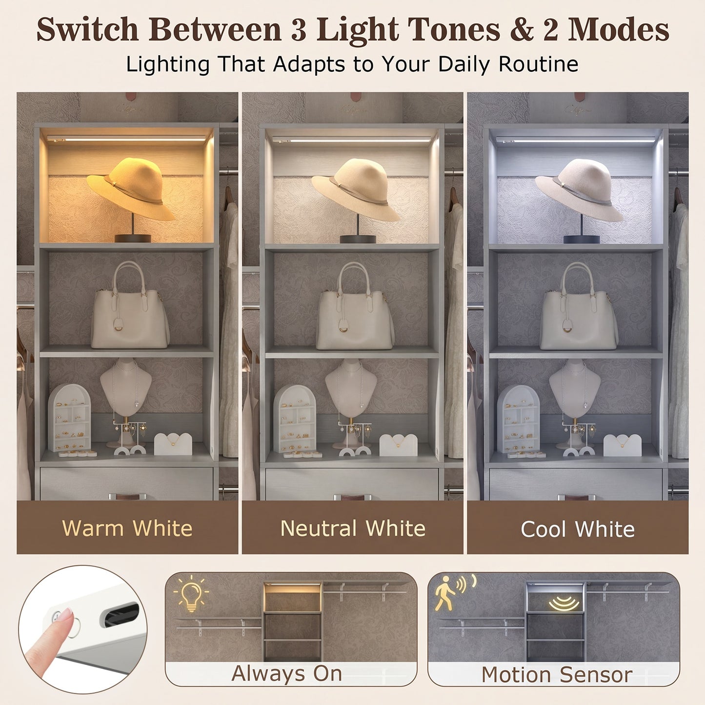 96" Walk-in Closet System with LED Light & 3 Drawers, Wall Mounted 4–8FT Closet Organizer System