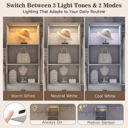 96" Walk-in Closet System with LED Light & 3 Drawers, Wall Mounted 4–8FT Closet Organizer System