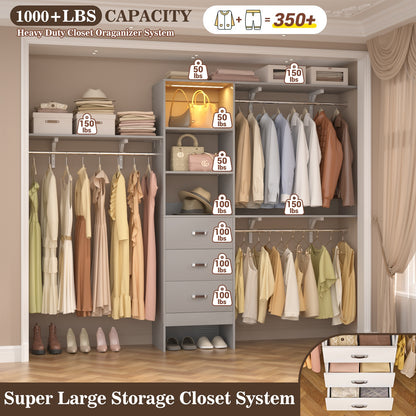 96" Walk-in Closet System with LED Light & 3 Drawers, Wall Mounted 4–8FT Closet Organizer System