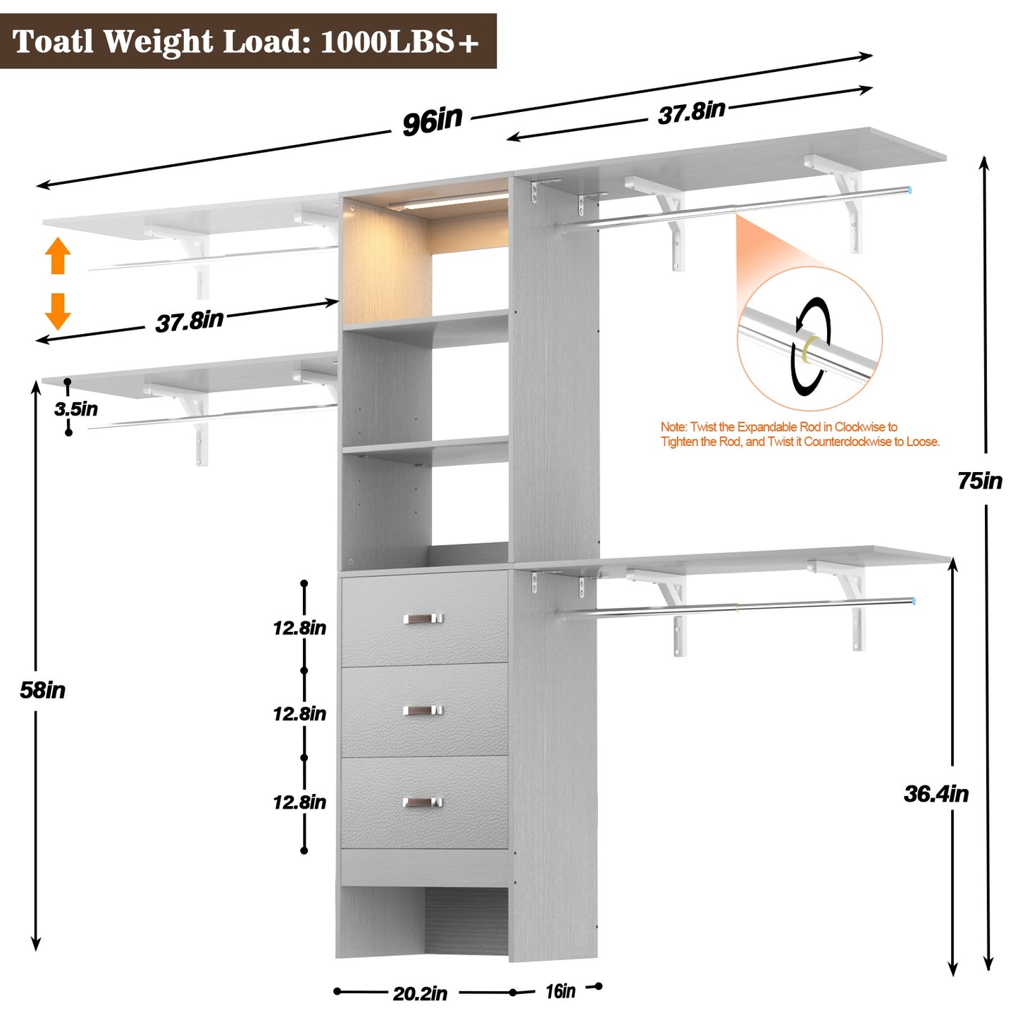 96" Walk-in Closet System with LED Light & 3 Drawers, Wall Mounted 4–8FT Closet Organizer System