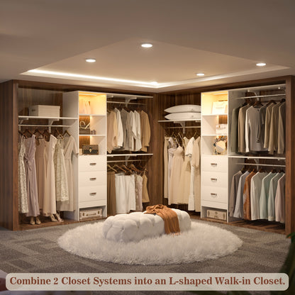 96" Walk-in Closet System with LED Light & 3 Drawers, Wall Mounted 4–8FT Closet Organizer System