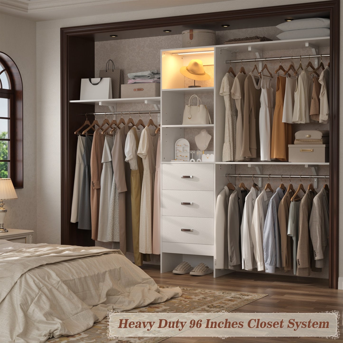 96" Walk-in Closet System with LED Light & 3 Drawers, Wall Mounted 4–8FT Closet Organizer System