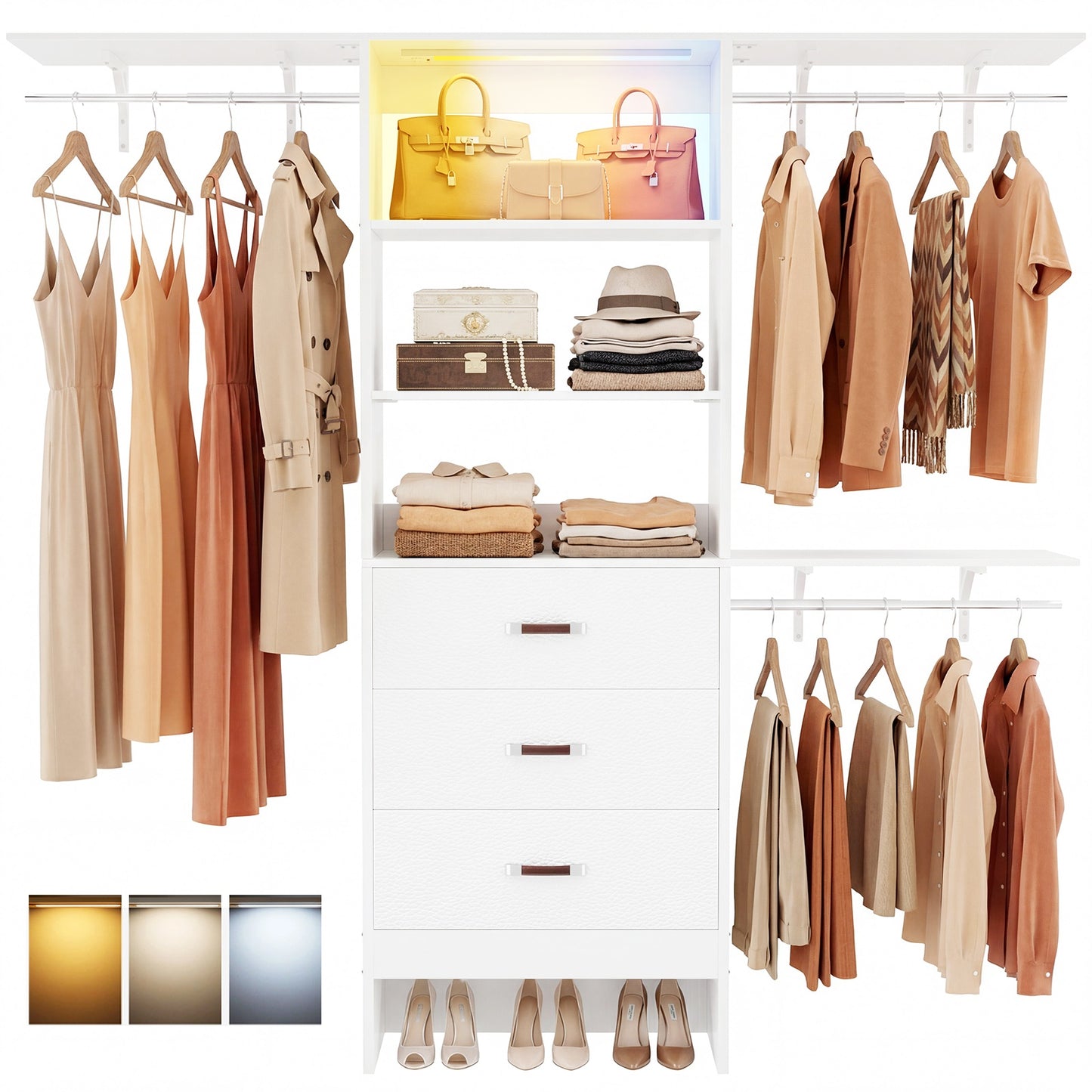 96" Walk-in Closet System with LED Light & 3 Drawers, Wall Mounted 4–8FT Closet Organizer System