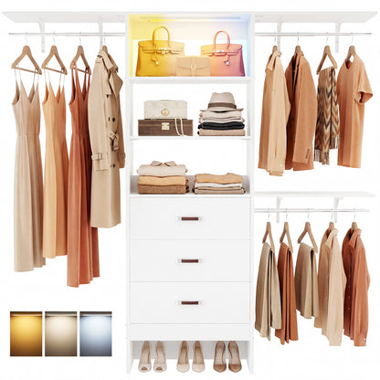 96" Walk-in Closet System with LED Light & 3 Drawers, Wall Mounted 4–8FT Closet Organizer System