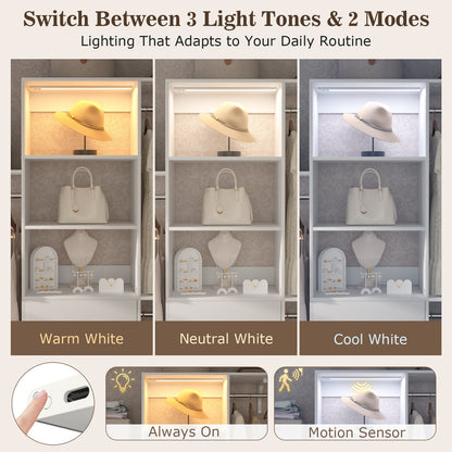 96" Walk-in Closet System with LED Light & 3 Drawers, Wall Mounted 4–8FT Closet Organizer System