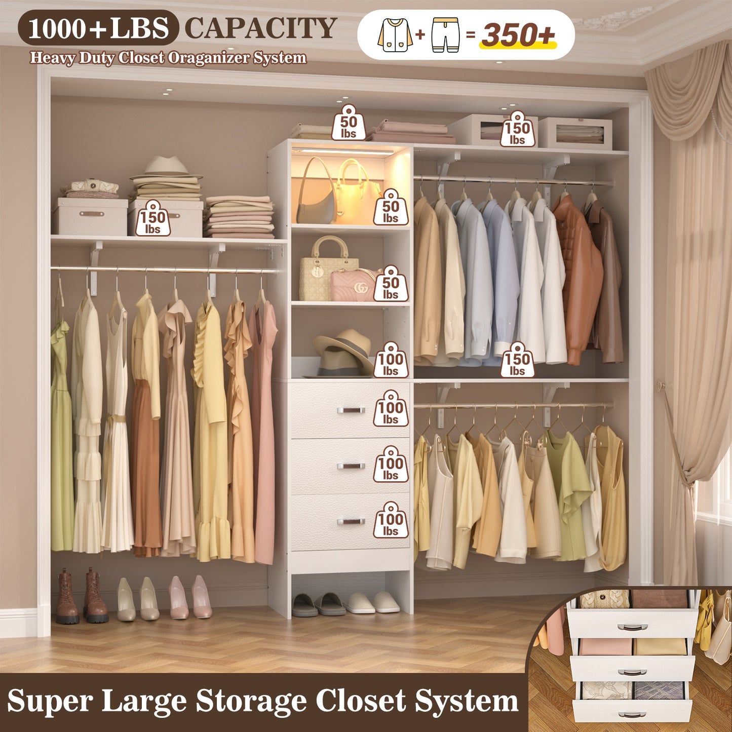 96" Walk-in Closet System with LED Light & 3 Drawers, Wall Mounted 4–8FT Closet Organizer System