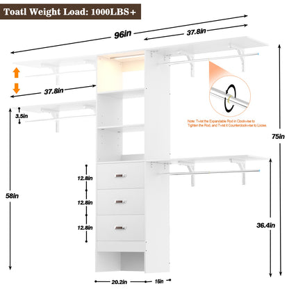 96" Walk-in Closet System with LED Light & 3 Drawers, Wall Mounted 4–8FT Closet Organizer System
