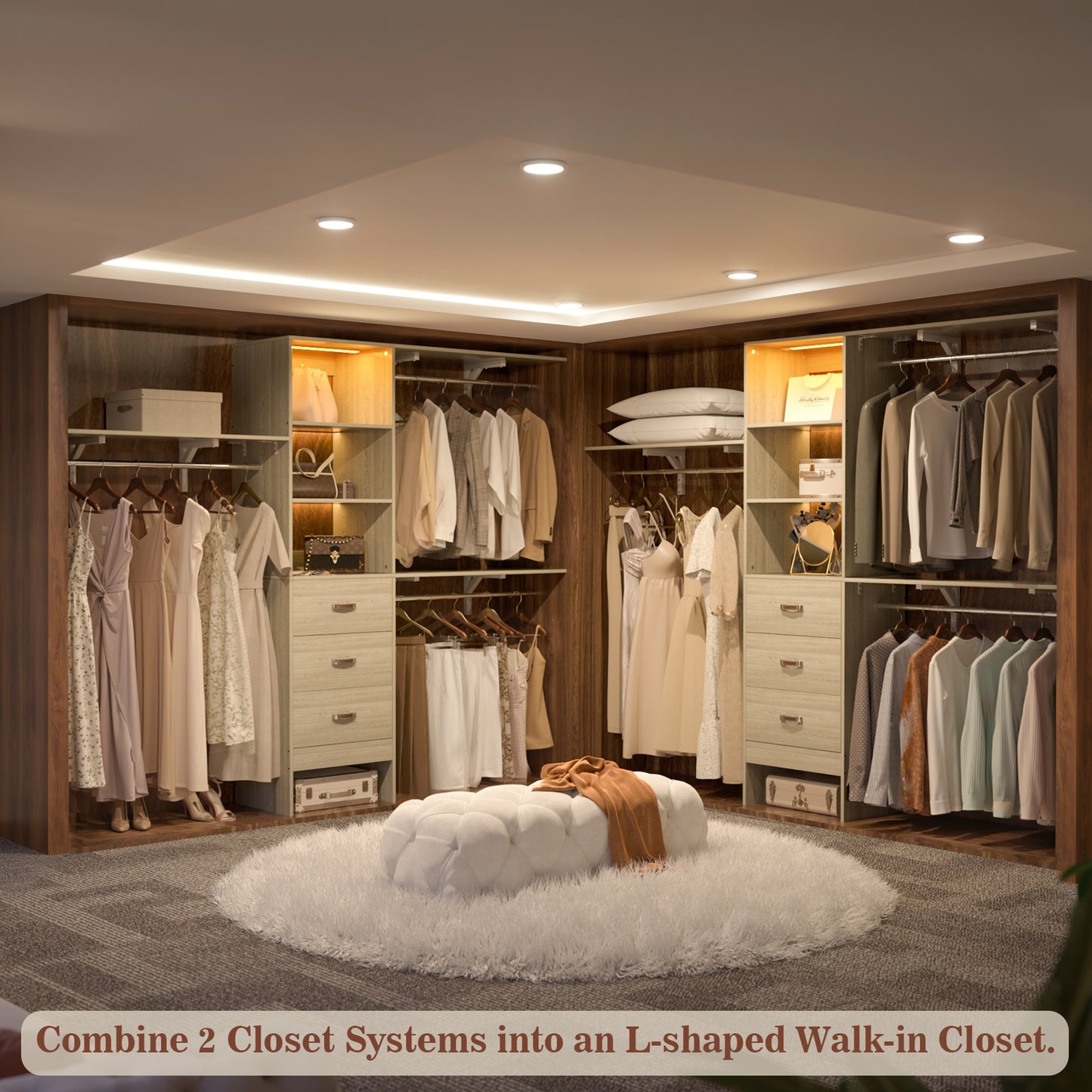 96" Walk-in Closet System with LED Light & 3 Drawers, Wall Mounted 4–8FT Closet Organizer System