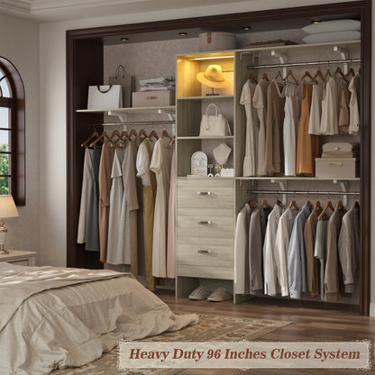 96" Walk-in Closet System with LED Light & 3 Drawers, Wall Mounted 4–8FT Closet Organizer System