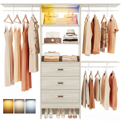 96" Walk-in Closet System with LED Light & 3 Drawers, Wall Mounted 4–8FT Closet Organizer System