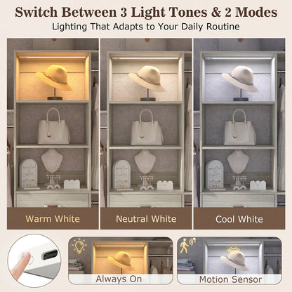 96" Walk-in Closet System with LED Light & 3 Drawers, Wall Mounted 4–8FT Closet Organizer System