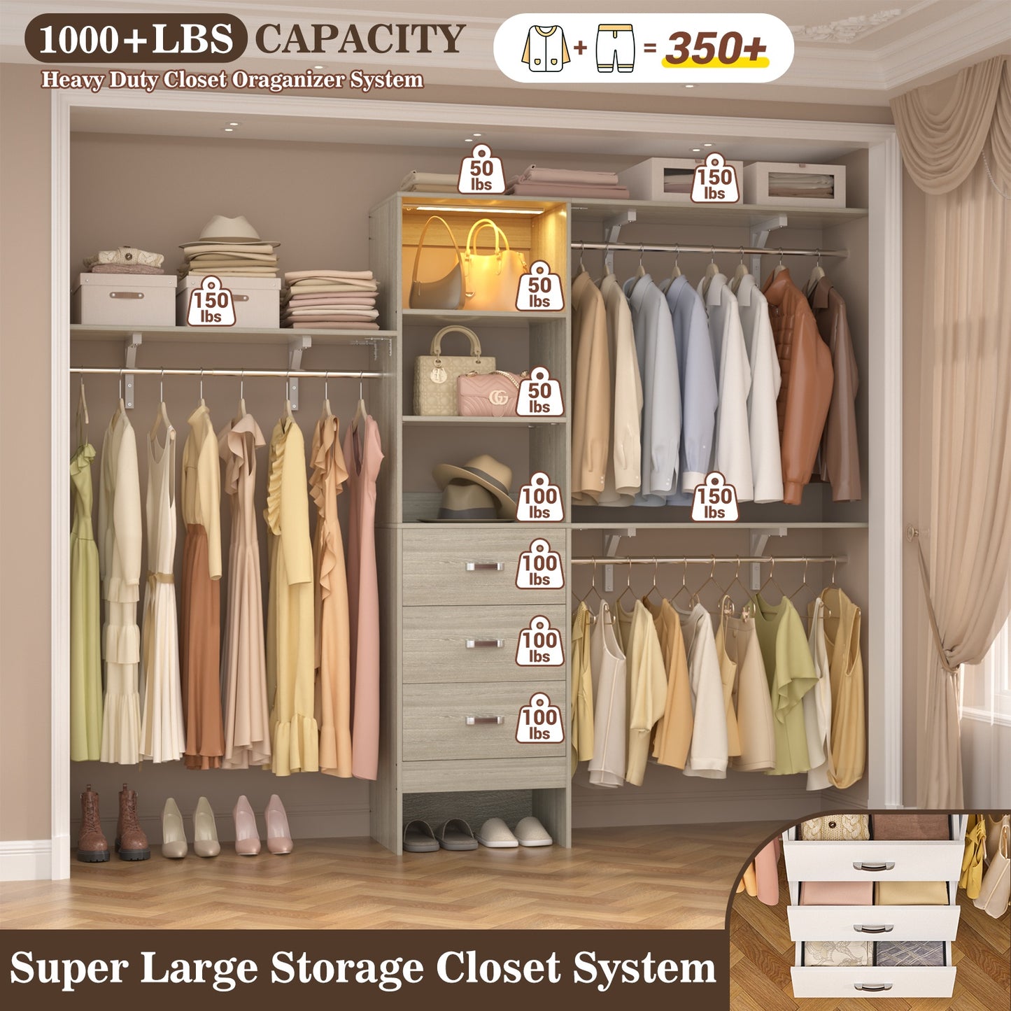 96" Walk-in Closet System with LED Light & 3 Drawers, Wall Mounted 4–8FT Closet Organizer System