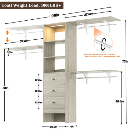 96" Walk-in Closet System with LED Light & 3 Drawers, Wall Mounted 4–8FT Closet Organizer System