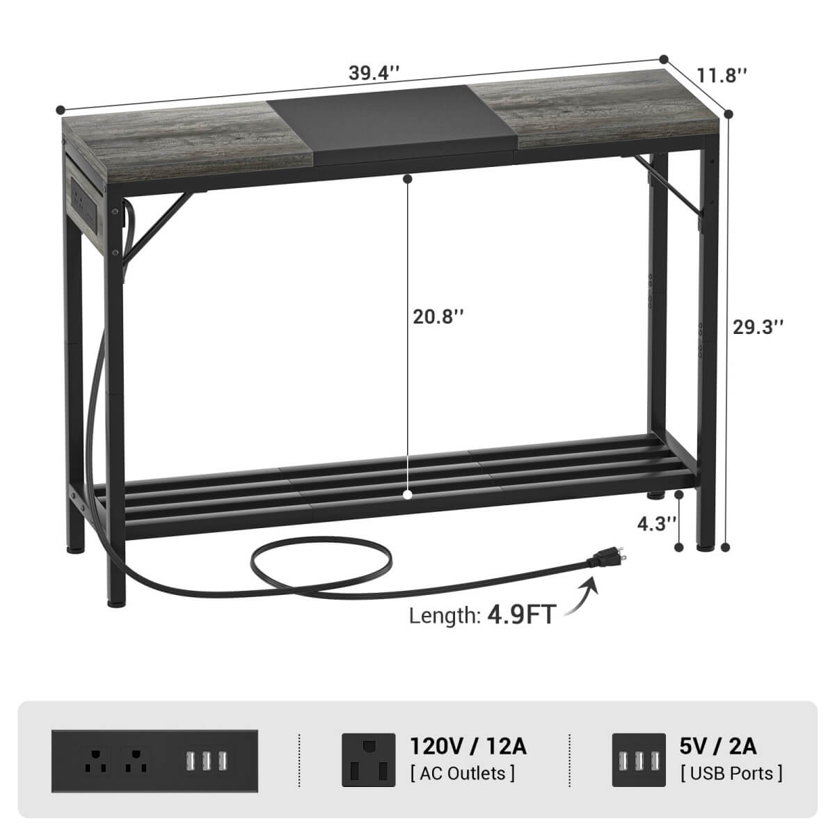 39" Narrow Console Table with Power Strip and Shelf