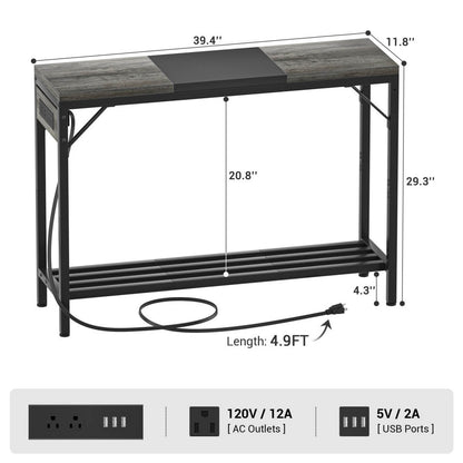 39" Narrow Console Table with Power Strip and Shelf