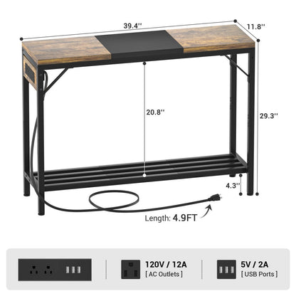 39" Narrow Console Table with Power Strip and Shelf