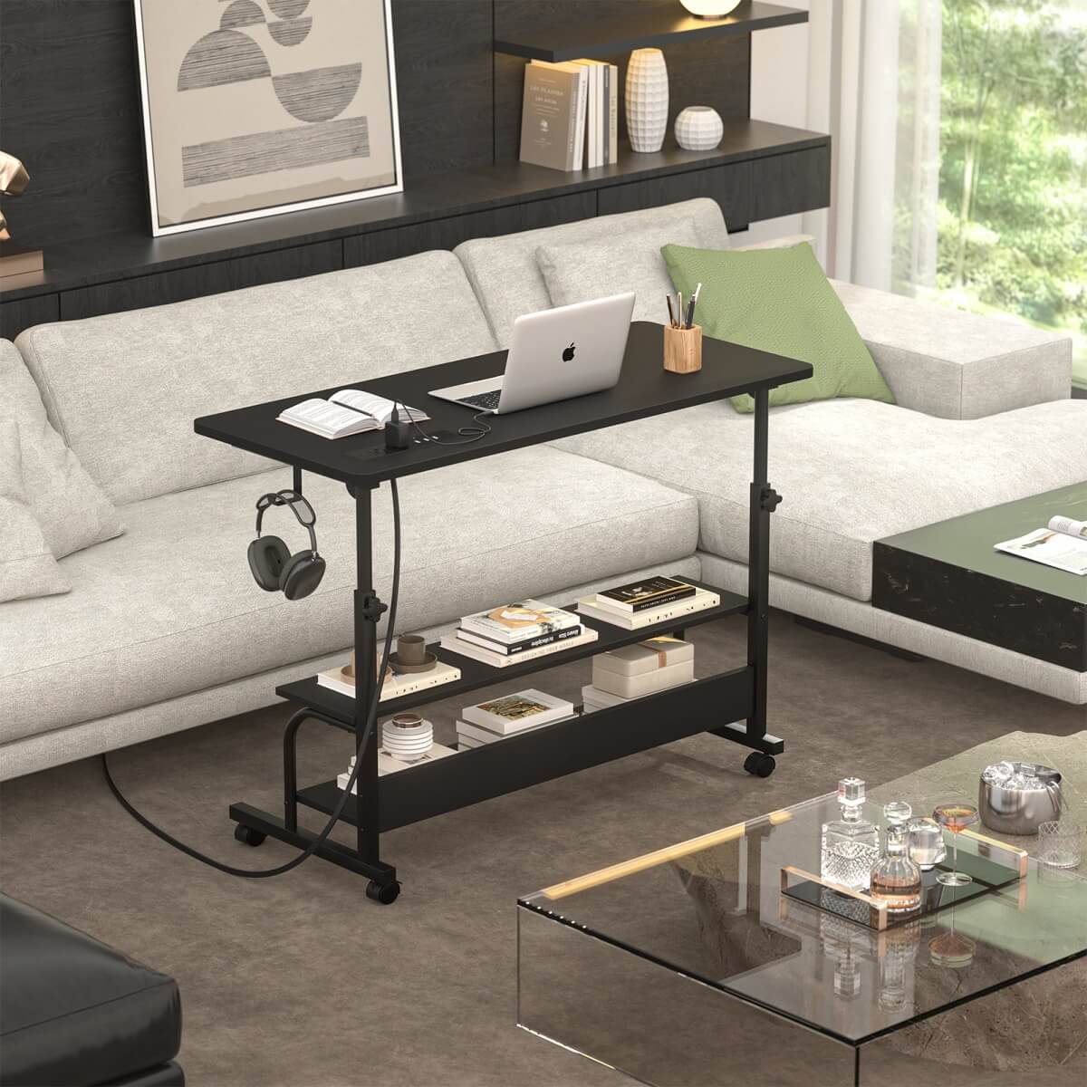 32" Height Adjustable Standing Desk with Power Outlets and Shelves